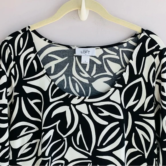 Loft Dress Black White Stretch Shift Tropical Leaf Print Greek Key Office Small - Picture 2 of 6